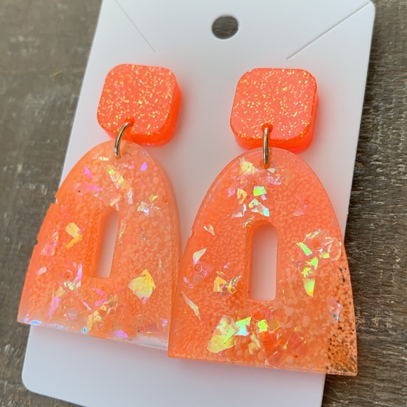 Neon Orange Geometric Resin Earrings - Picture 2 of 2